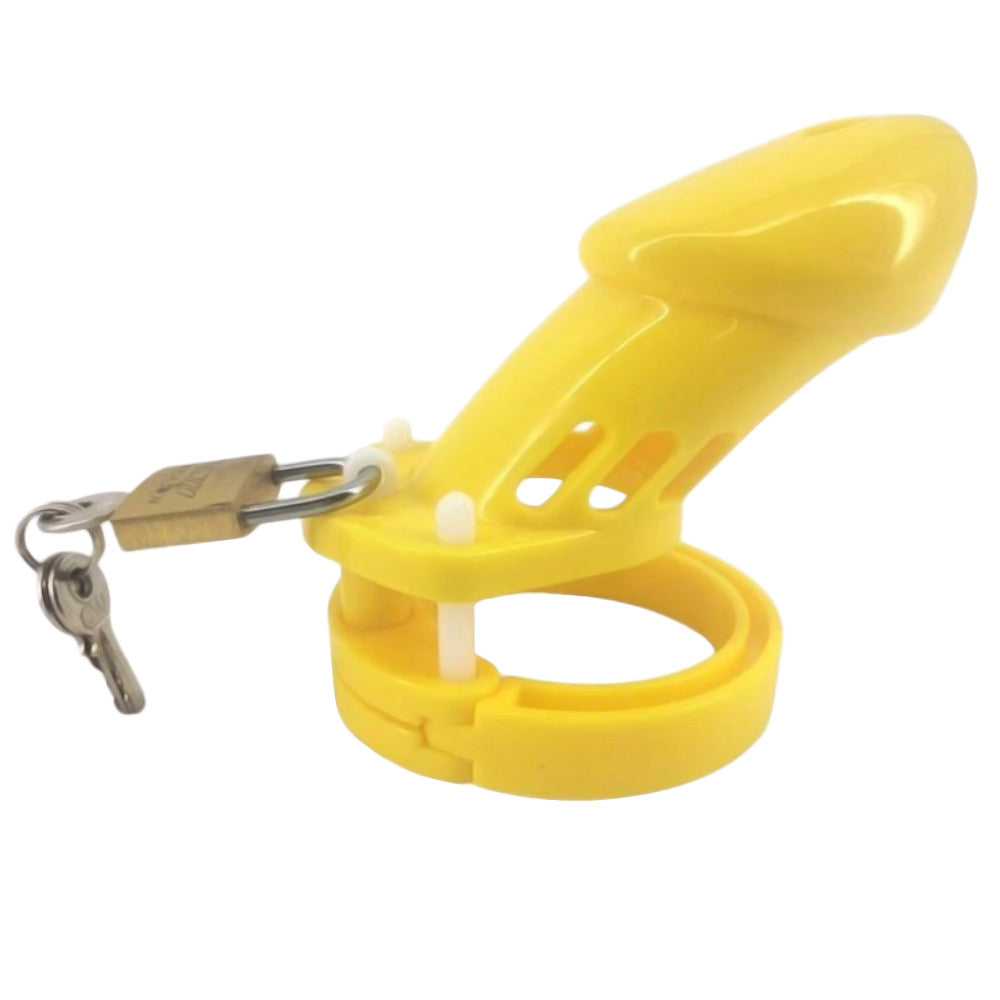 Vibrant yellow penis confinement kit sissy for work and play, offering size adaptability with five chastity rings. A playful alternative; great for bosses seeking discreet control shots!