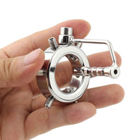 Experience hardcore control with our stainless steel 'Ring of Torture' device CBT. This weighty ring tightens around your manhood with adjustable screws and includes a urethra chastity plug, keeping your motivation securely behind steel. Join our community embracing next-level restraint.