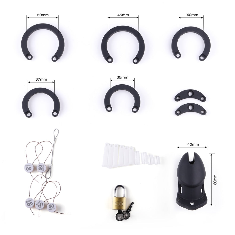 Introducing the Queen's Keep, a sleek black silicone kit designed to keep your manhood in check. With a secure fit and eye-catching look, this cage ensures comfort and hygiene all day. Make progress in your chastity journey with a product fit for queens it's a sight for the eye.