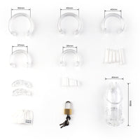 Experience ultimate control with our transparent plastic chastity cage. It features secure locks, including perma-lock options and numbered tags, ensuring peace of mind and unparalleled security for your needs.