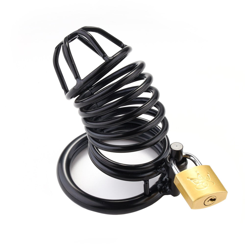 Secure and comfortable chastity device steel, crafted from thick steel. Includes stretchy attachments and three cock rings for a perfect fit. All hardware included, even the locking nut.