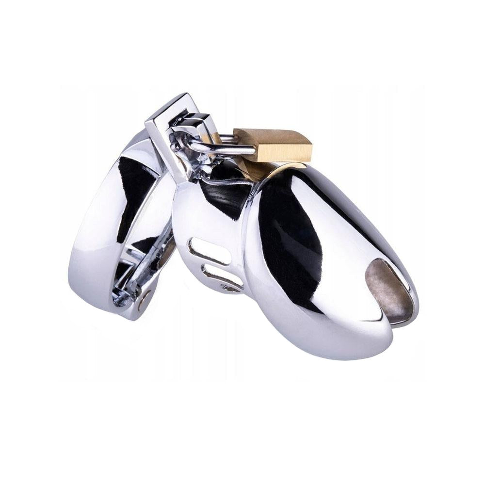 Unleash your inner slut and surrender control with this steel cock cage. Perfect for chastity and BDSM play, feel its weight as a reminder while you lick and suck, longing for her pussy.