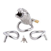 Encased in stainless steel, this lion-themed cage offers a thrilling mix of control and freedom. Its open design handles any tiniest drip or leak, while the padlock ensures ultimate security.