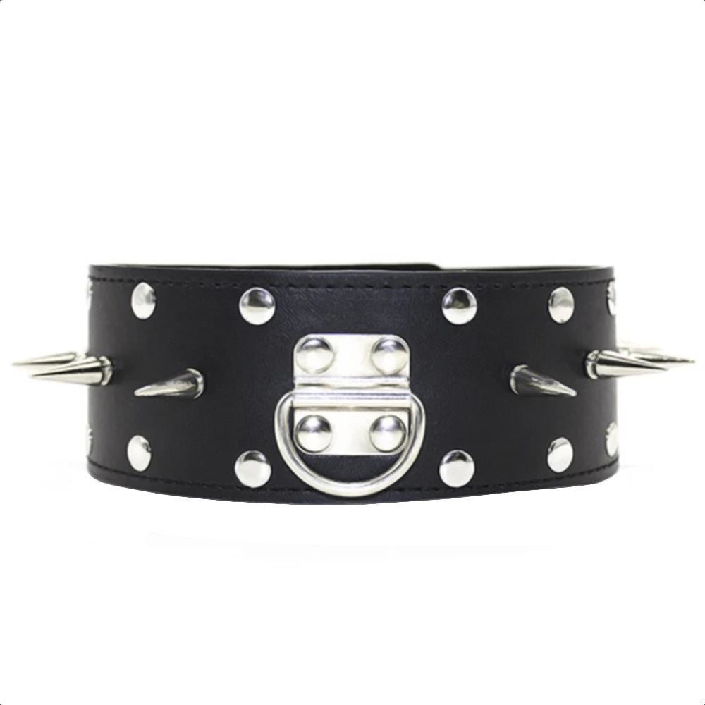 Embrace control with our punky black steel chastity kit collar and leash. A study in dominance, this dangerous accessory increases excitement while preventing injuries. Its spiky design warns of danger a bold statement of ownership.