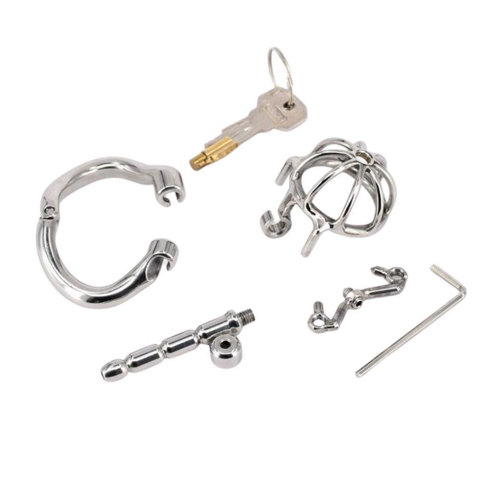 Unlock your feminine side with this spiked cage. Its stainless steel construction ensures enduring attachment, while the urethra male plug enhances your domina connection.