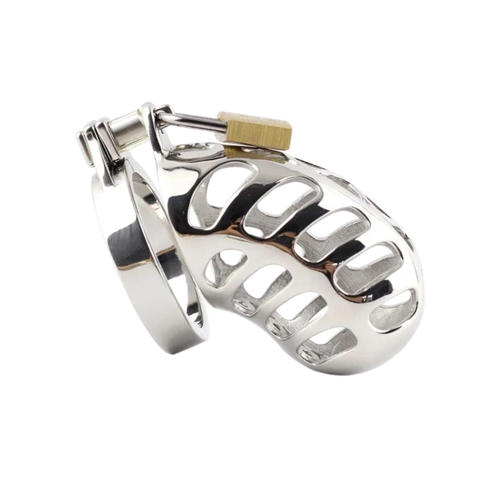 Discover the perfect blend of aesthetic and function with this intricately molded stainless steel chastity model. Featuring ergonomic tubes and secure pros, it expertly balances restraint and exposure.