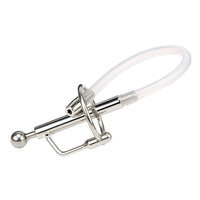 Flexible rubber dick cage with urethral plug fits snugly behind glans, ensuring secure wear with customizable diameter and spacer for comfort. Ideal for penis play, accommodating testical changes.