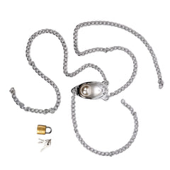 Indulge in elegance with our Pearled Chain Female Chastity Belt. Featuring stainless steel male chastity chains forming a silver pod adorned with pearls, this gold-accented container embodies female empowerment.