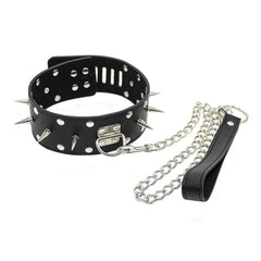 Dominate your slave with this punky black collar and leash, featuring chastity cage spikes and unbreakable rivets. Even Houdini couldn't escape! Crafted with surgical precision see pics of this edgy accessory now.